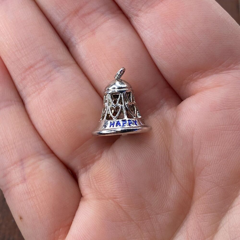 Vintage Wells 925 Sterling "Happy Anniversary" Filigree Bell Bracelet Charm